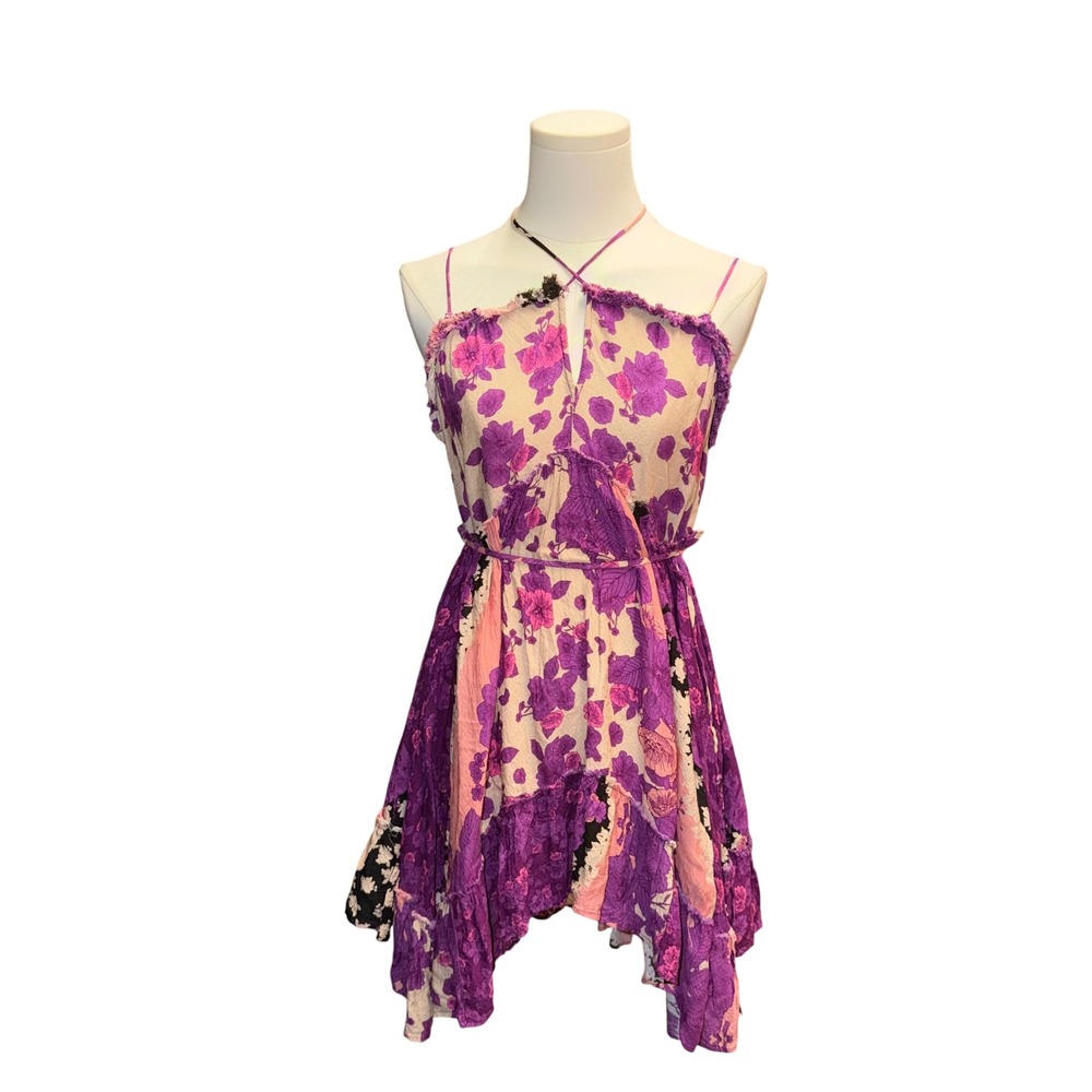 Free People Intimately Halter Dress XS Purple Floral Patchwork Boho fairy Mini